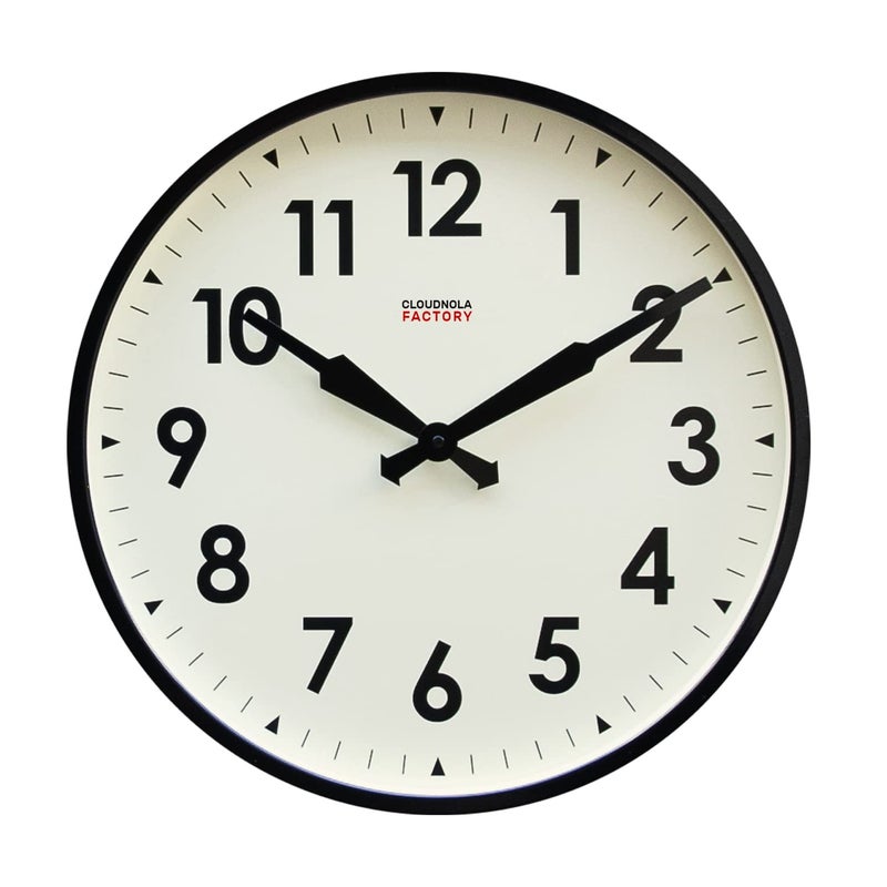Cloudnola Station Metal Wall Clock, Black and White, 18 inch Diameter, Silent Non Ticking, Battery Operated Quartz Movement - Image 1